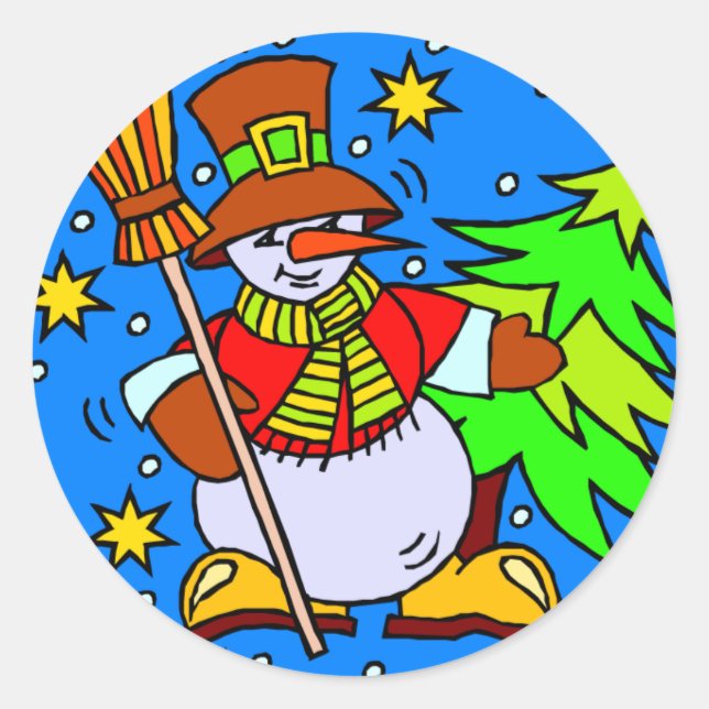 Snowman Broom Christmas Tree Classic Round Sticker (Front)