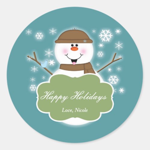 Snowman Brown  Teal Christmas Holiday Sticker