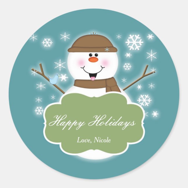 Snowman Brown & Teal Christmas Holiday Sticker (Front)