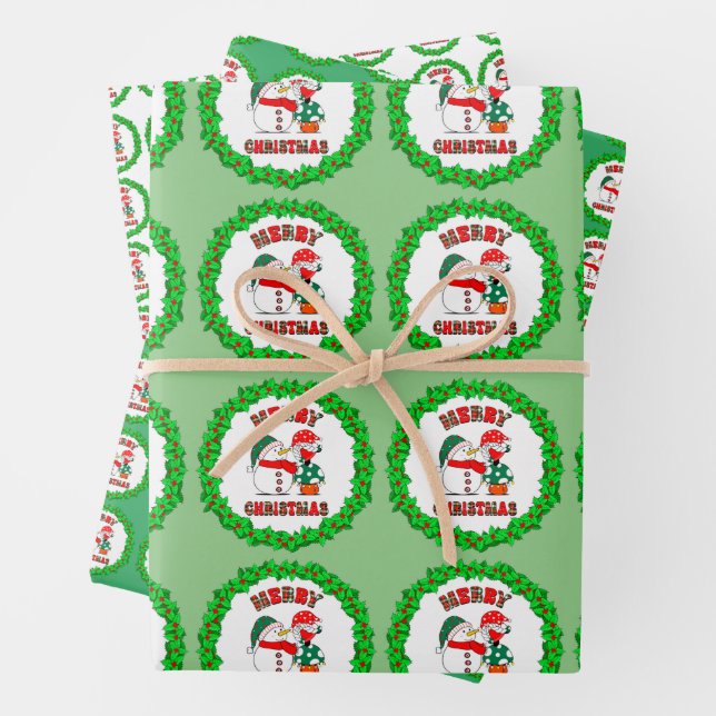 Snowman Buffalo Check Mushroom Gnome Set of Gift Wrapping Paper Sheets (In situ)
