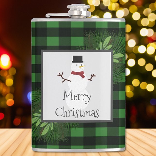 Snowman Buffalo Plaid | Black and Green Flask (Green Snowman Buffalo Plaid Flask)