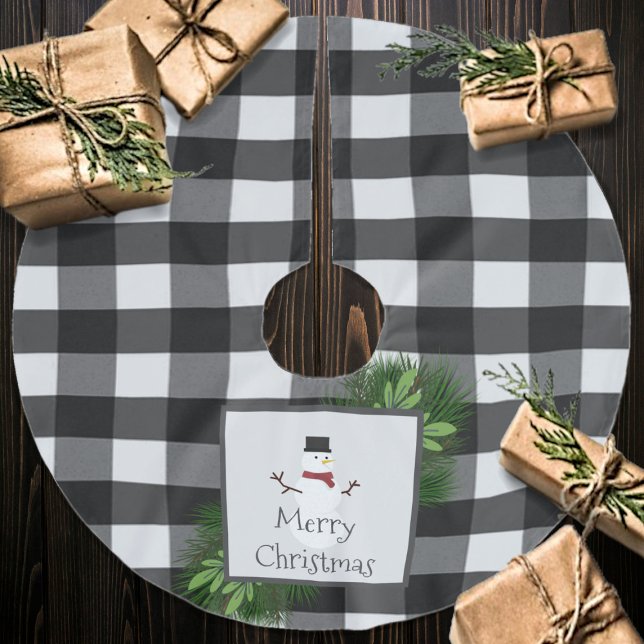Snowman Buffalo Plaid | Black and White Brushed Polyester Tree Skirt (Snowman Buffalo Plaid Christmas Tree Skirt)