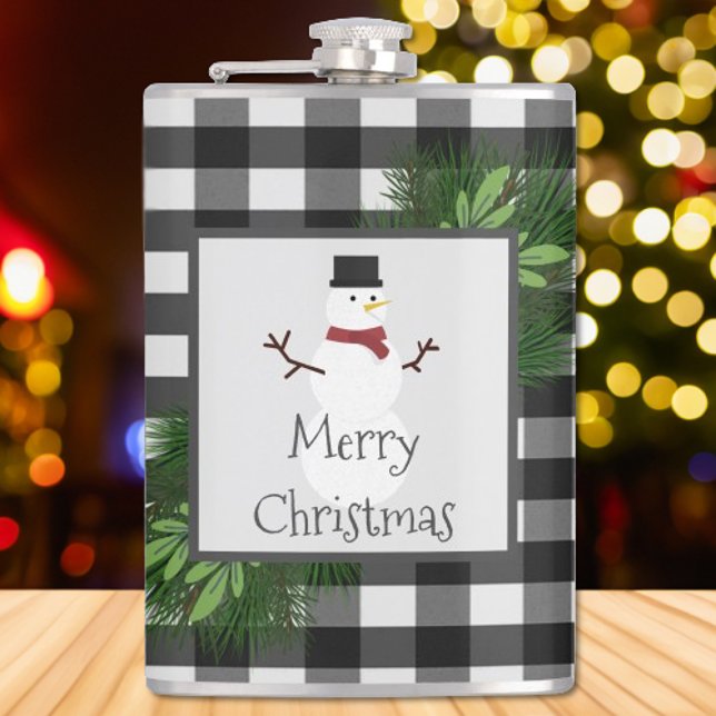 Snowman Buffalo Plaid | Black and White Flask (Snowman Buffalo Plaid Flask)
