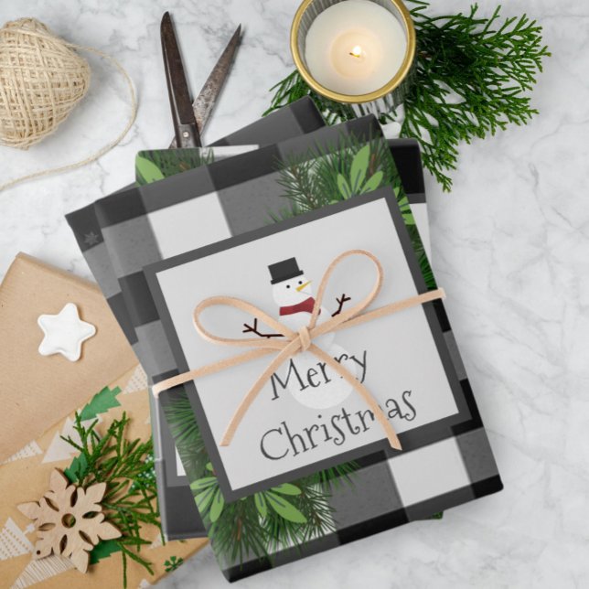 Snowman Buffalo Plaid | Black and White Wrapping Paper Sheets (Black and White Snowman Buffalo Plaid Wrapping Paper Sheets)