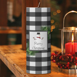 Snowman Buffalo Plaid Black White Pillar Candle