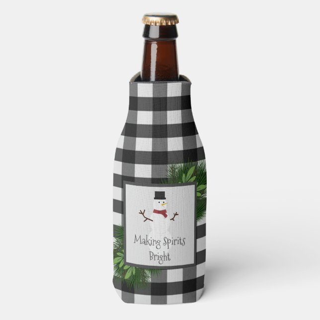 Snowman Buffalo Plaid Bottle Cooler (Bottle Front)