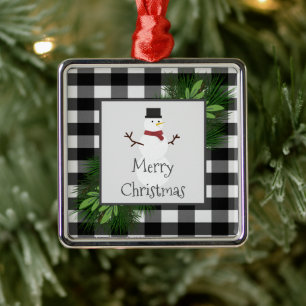 Snowman Buffalo Plaid Ceramic Ornament