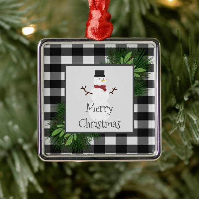 Snowman Buffalo Plaid Ceramic Ornament (Tree)