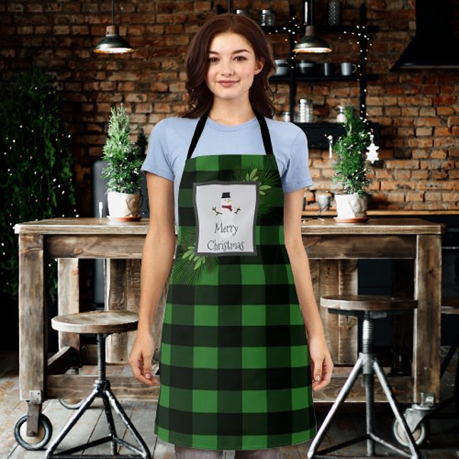 Snowman Buffalo Plaid Christmas Black Green Apron (Green Snowman Buffalo Plaid Christmas Apron)