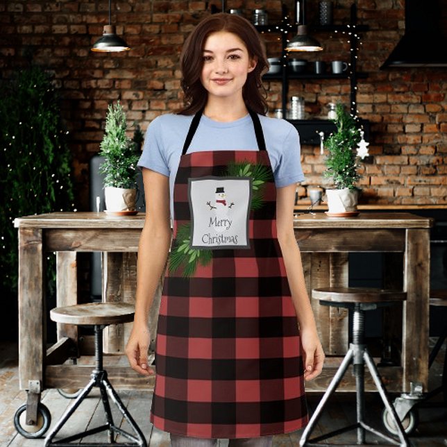 Snowman Buffalo Plaid Christmas | Black Red Apron (Red Snowman Buffalo Plaid Christmas Apron)