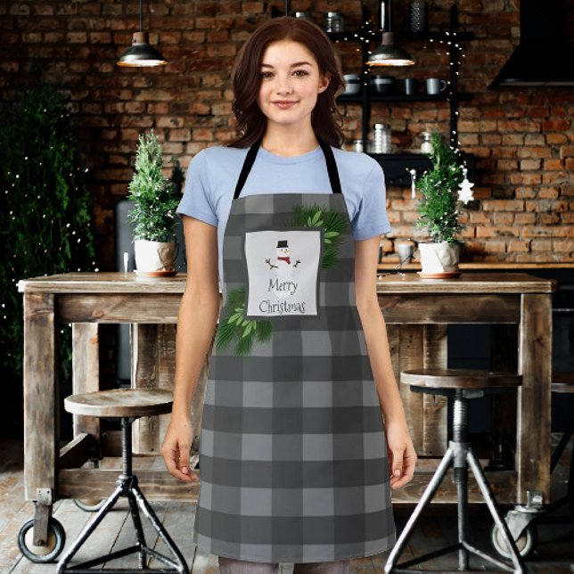 Snowman Buffalo Plaid Christmas | Gray Apron (Gray Snowman Buffalo Plaid Christmas Apron)