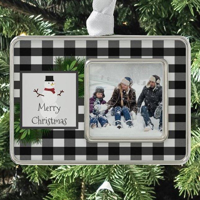 Snowman Buffalo Plaid Framed | Black and White Christmas Ornament (Snowman Buffalo Plaid Framed Ornament)