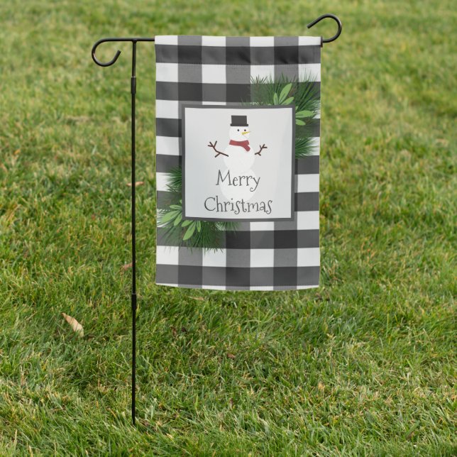 Snowman Buffalo Plaid Garden Flag (In SItu)