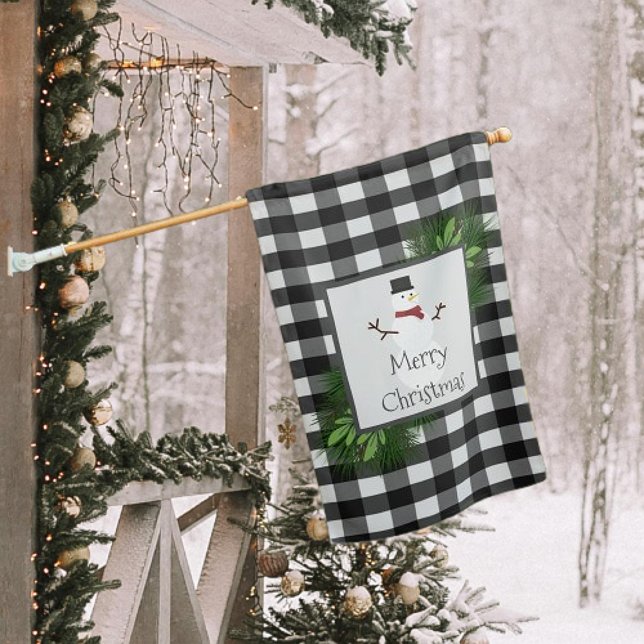 Snowman Buffalo Plaid House Flag (Snowman Buffalo Plaid Christmas House Flag)