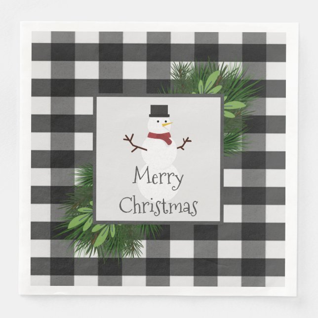 Snowman Buffalo Plaid Paper Napkin (Front)