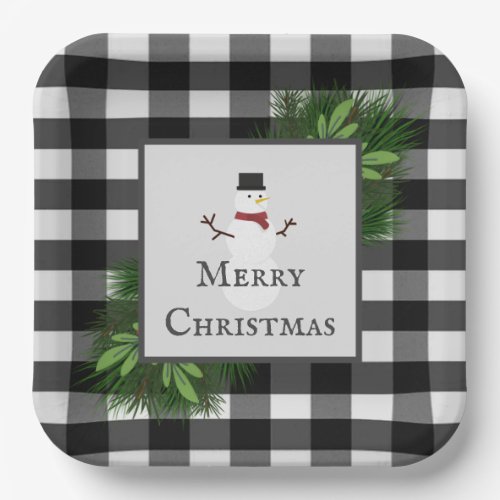 Snowman Buffalo Plaid Paper Plate