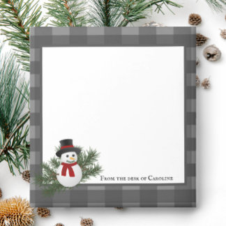 Snowman Buffalo Plaid Personalized | Gray Notepad