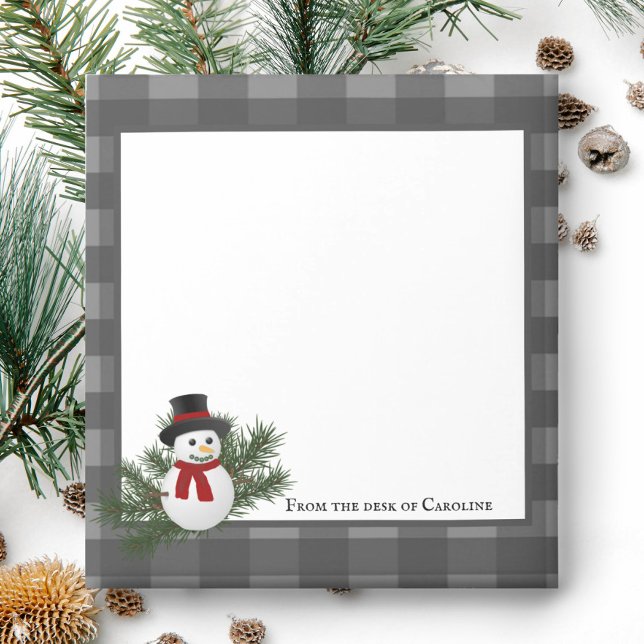 Snowman Buffalo Plaid Personalized | Gray Notepad (Gray Smiling Snowman Buffalo Plaid Personalized Notepad)