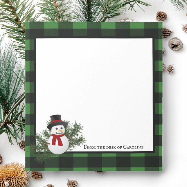 Snowman Buffalo Plaid Personalized | Green Notepad (Green Smiling Snowman Buffalo Plaid Personalized Notepad)