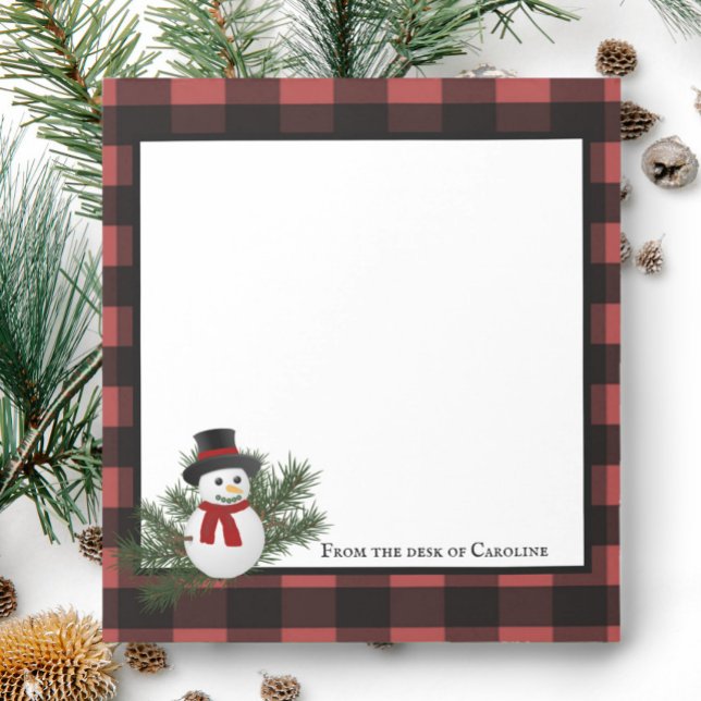 Snowman Buffalo Plaid Personalized | Red Notepad (Black and Red Smiling Snowman Buffalo Plaid Personalized Notepad)