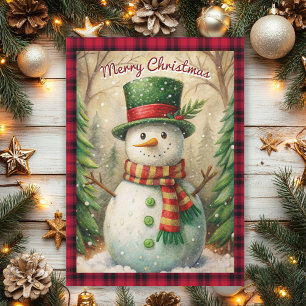 Snowman Buffalo Plaid Vintage Merry Christmas Holiday Card