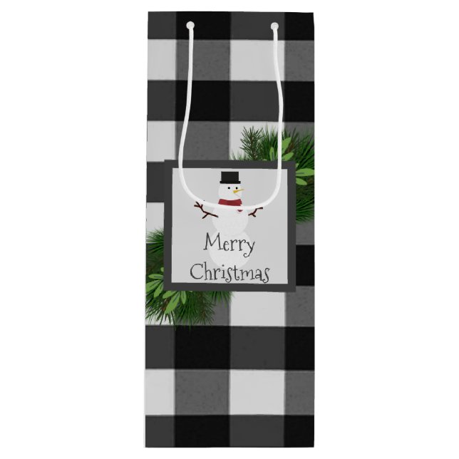 Snowman Buffalo Plaid Wine Gift Bag (Front)