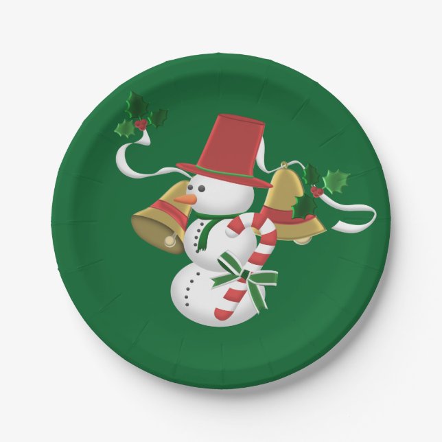 Snowman Candy Cane Bells Christmas Paper Plates (Front)