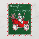 Snowman Candy Cane Christmas Greetings Postcard<br><div class="desc">Snowman Candy Cane Car Christmas Greetings Postcard</div>