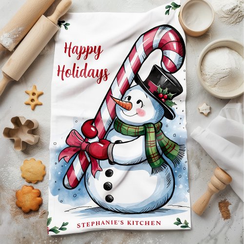 Snowman Candy Cane Happy Holidays Christmas Kitchen Towel