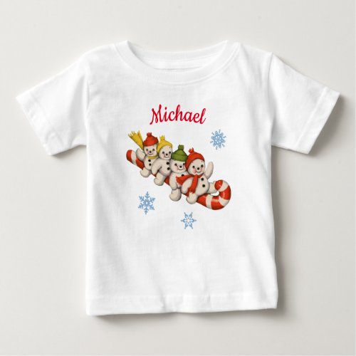 Snowman Candy Cane personalized name Christmas Baby T_Shirt