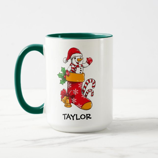 Snowman Candy Cane Stockings Custom Name Coffee Mug (Left)