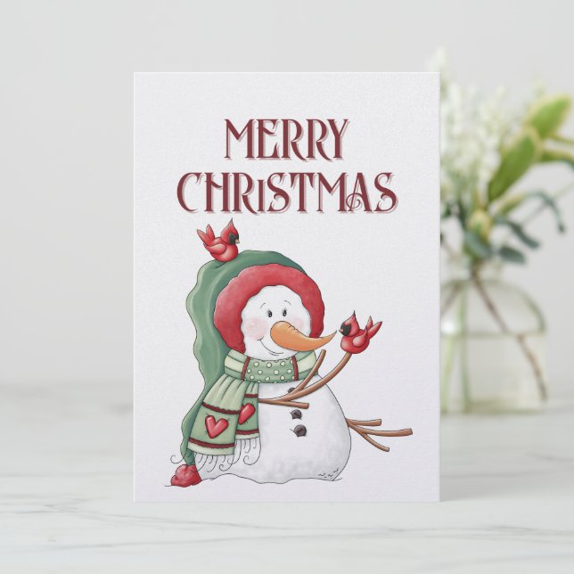 Snowman Cardinal Bird Winter Christmas Holiday Card (Standing Front)