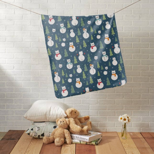 Snowman Cats Holiday Pattern Baby Blanket (In Situ)