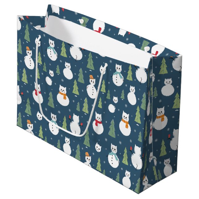 Snowman Cats Holiday Pattern Large Gift Bag (Front Angled)