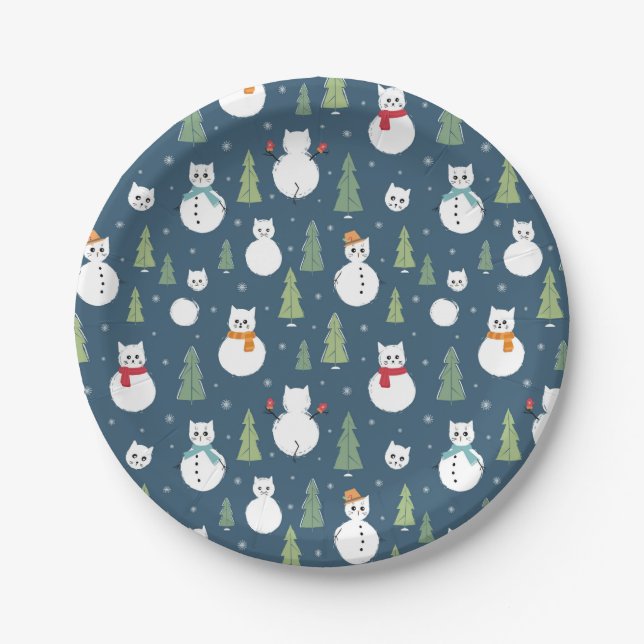 Snowman Cats Holiday Pattern Paper Plates (Front)