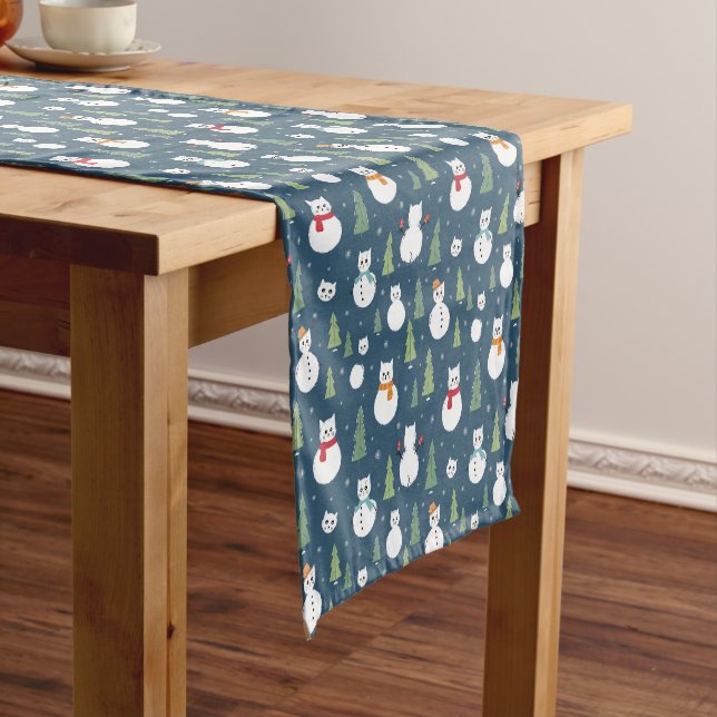 Snowman Cats Holiday Pattern Short Table Runner (In Situ)