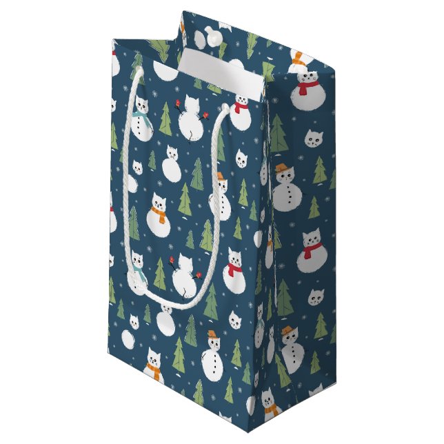 Snowman Cats Holiday Pattern Small Gift Bag (Front Angled)