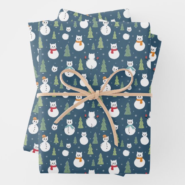 Snowman Cats Holiday Pattern Wrapping Paper Sheets (In situ)