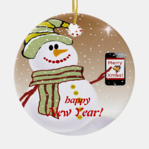 Snowman cellphone ceramic ornament