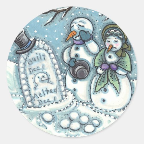 SNOWMAN CEMETERY MELTED BEFORE HIS TIME MOURNERS CLASSIC ROUND STICKER