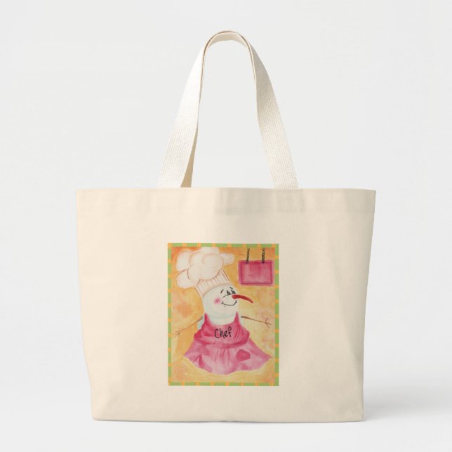 Snowman Chef in Apron & Chef's Hat Large Tote Bag (Front)