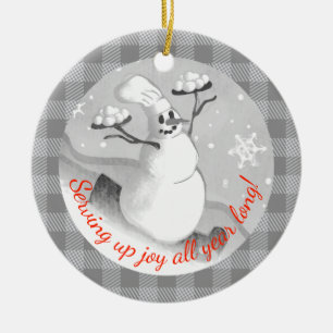 Snowman chef serving snowballs Christmas ornament