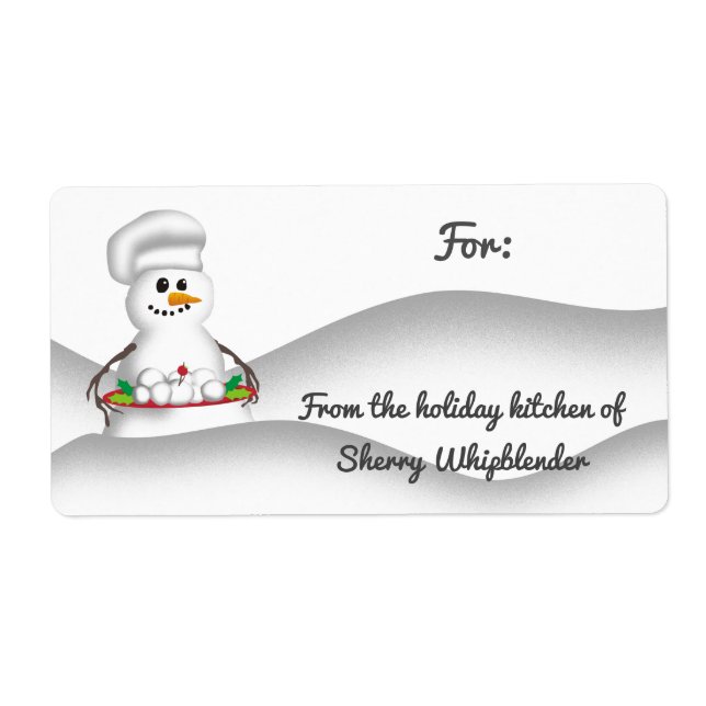 Snowman chef serving snowballs from the kitchen of label (Front)
