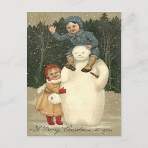 Snowman Children Playing Snowfall Snow Postcard