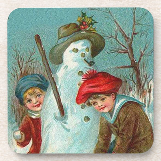Snowman Children Snow Holly Drink Coaster (Front)