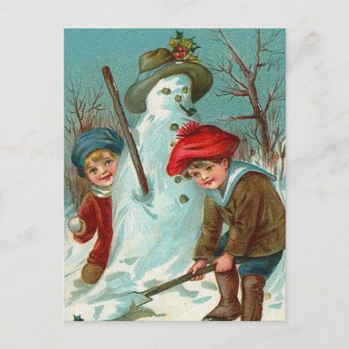 Snowman Children Snow Holly Postcard