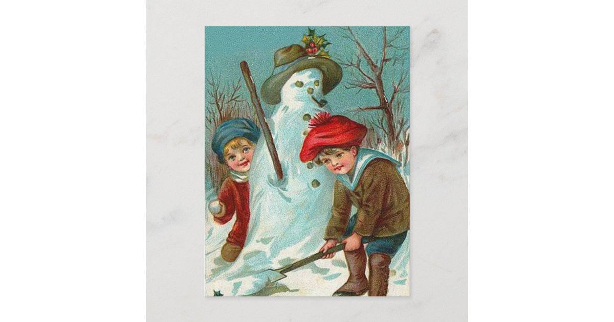 Snowman Children Snow Holly Postcard | Zazzle