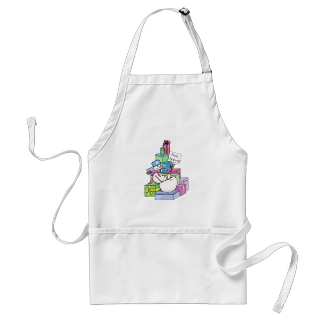 Snowman chilling on presents adult apron (Front)