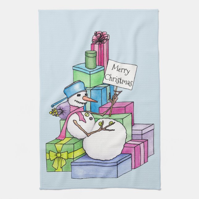 Snowman chilling on presents kitchen towel (Vertical)