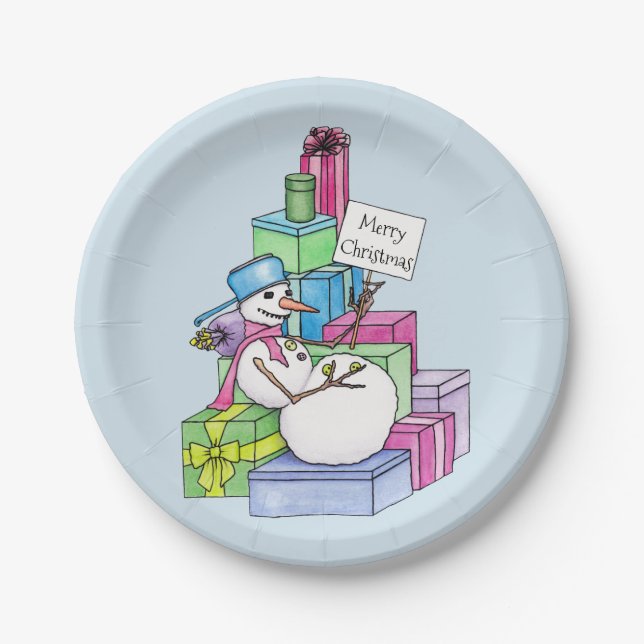 Snowman chilling on presents paper plates (Front)